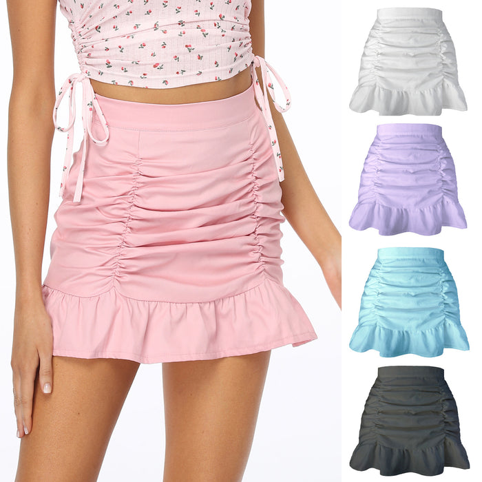 Color-Skirt Solid Color Pleated Ruffled Zipper Skirt High Waist Sheath FishtailSkirt-Fancey Boutique