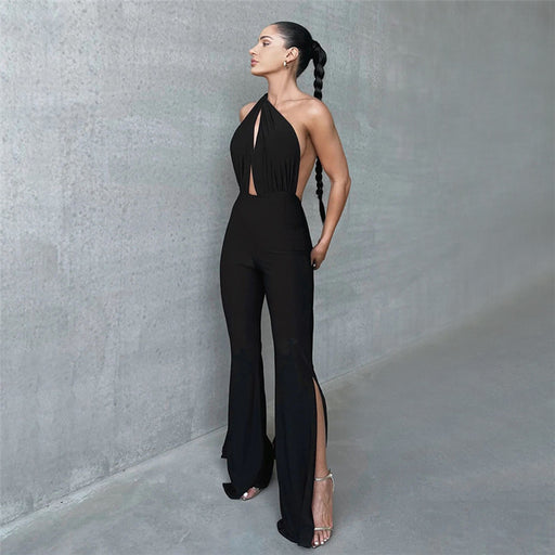 Color-Fall Women Clothing Halter Sexy Cutout Backless Slim Fit Skinny Jumpsuit-Fancey Boutique