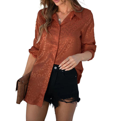 Color-Brown-Women Clothing Spring Autumn Long Sleeve Collared Elegant Satin Jacquard Leopard Print Shirt-Fancey Boutique