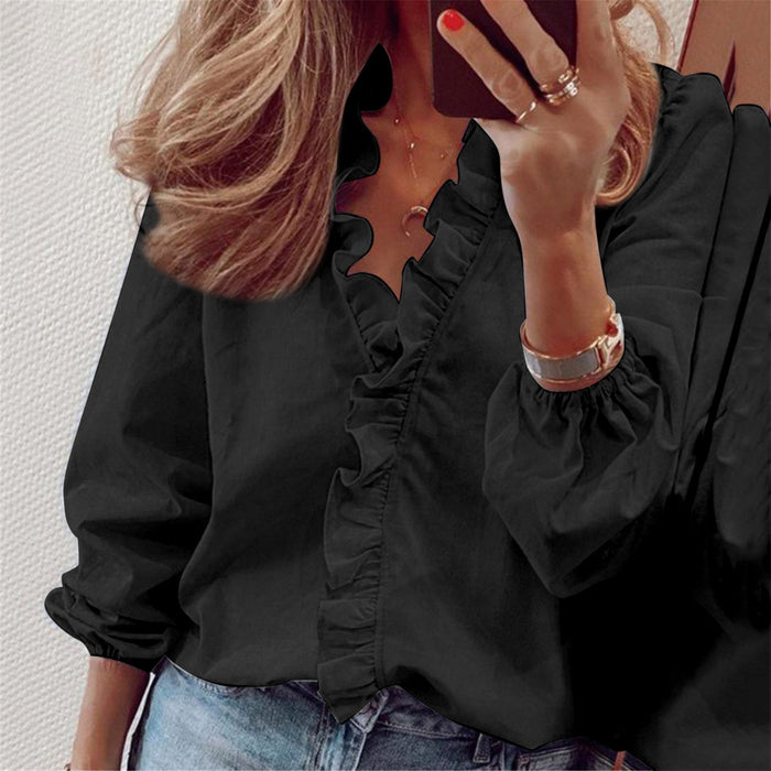 Color-Black-Spring Summer Long Sleeve Ruffle Blouse Women Shirt-Fancey Boutique