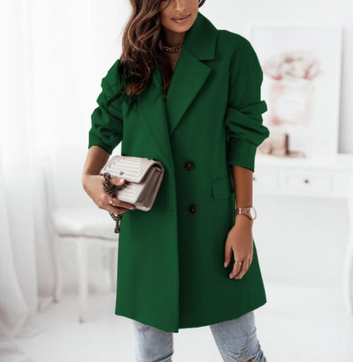 Color-Green-Popular Autumn Winter Long Sleeve Set Collar Double Breasted Woolen Coat Women-Fancey Boutique