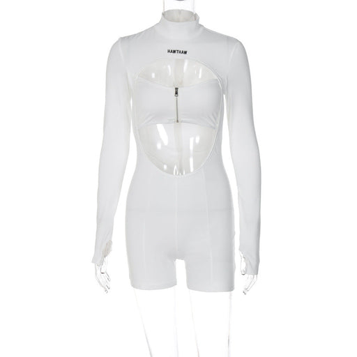 Color-White-Women Clothing Autumn Sexy Hollow Cutout Chest Zipper round Neck Long Sleeve Jumpsuit-Fancey Boutique