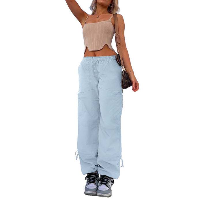 Color-Light Blue-Women Clothing Loose Tied Multi Bag Straight Stretch Workwear Casual Pants-Fancey Boutique