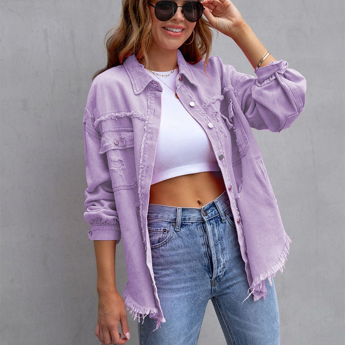 Color-violet-Arrival Multicolor MidLength Ripped Loose Denim Jacket Women Jacket Women-Fancey Boutique