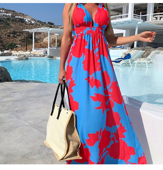 Summer Dress Bohemian Printed V-neck Spaghetti Straps Sleeveless Dress for Women