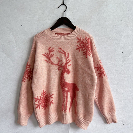 Color-Pink-Autumn Winter round Neck Long-Sleeved Christmas Sweater Year Snowflake Deer Jacquard Knitted Pullover-Fancey Boutique