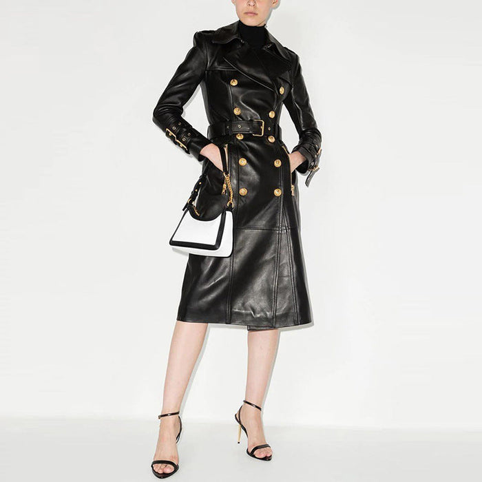 Color-Goods Autumn Winter Stars Double Breasted Belt Leather Long Trench Coat-Fancey Boutique