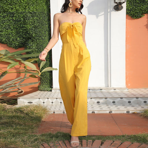 Color-Summer Trousers without Belt Straight Yellow Adult Office Pure High Waist Jumpsuit-Fancey Boutique