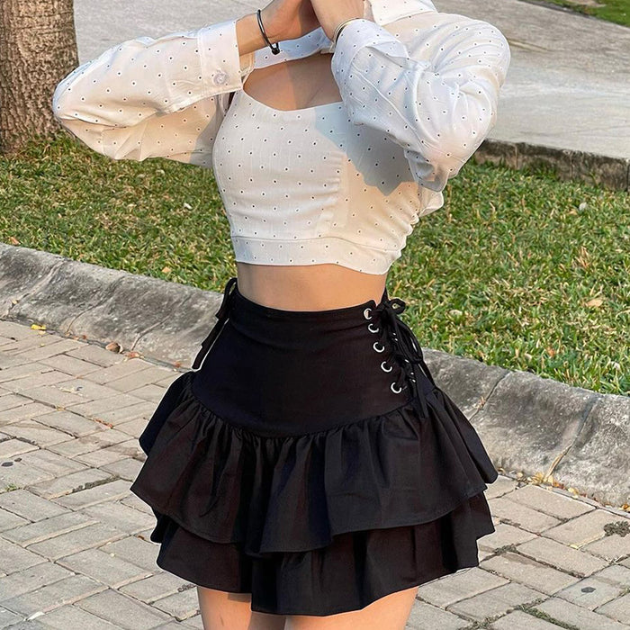 Color-Double Layer Skirt Lace up Waist Skirt Spring Black Sexy Shrink Skirt-Fancey Boutique
