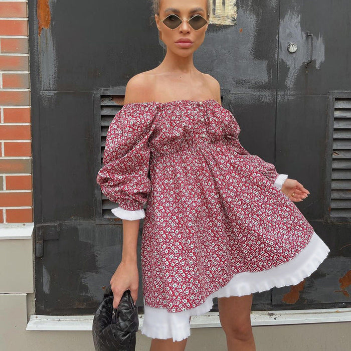 Color-Women Clothing Spring Printed Dress Puff Sleeve Square Collar Slimming A line Dress Floral Dress-Fancey Boutique