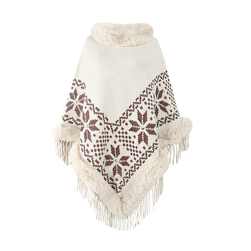 Color-White-Autumn Winter Cape Shawl Fur Collar Beaded Tassel Hem Sweater Women-Fancey Boutique