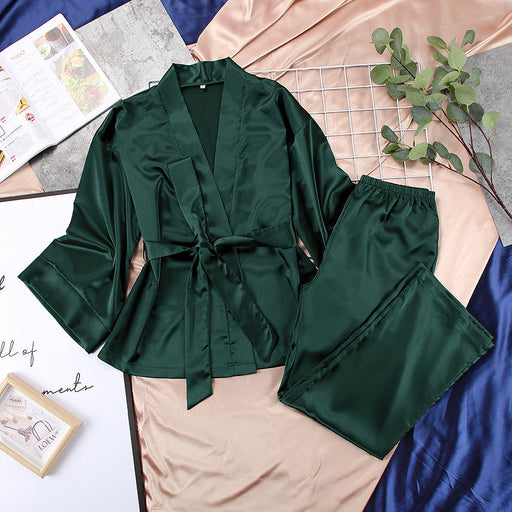 Color-Green-Spring Satin Long Sleeve Cardigan Lace up Nightgown Set Women Home Loose Trousers Pajamas Set-Fancey Boutique