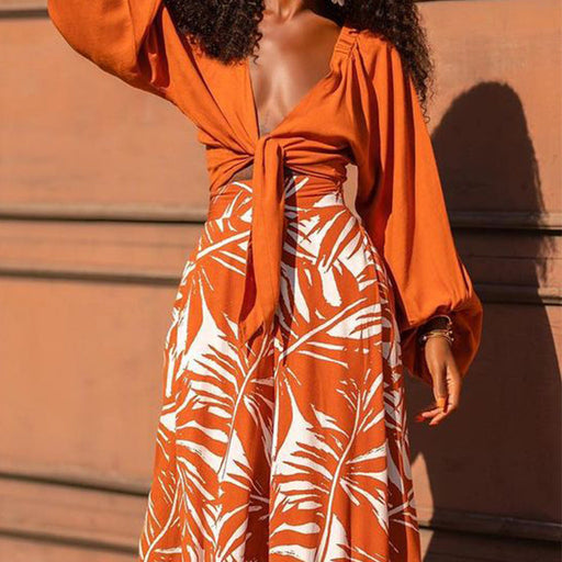 Color-Orange-Autumn Arrival Women Printed Pants V neck Top Long Sleeve Two Piece Set-Fancey Boutique