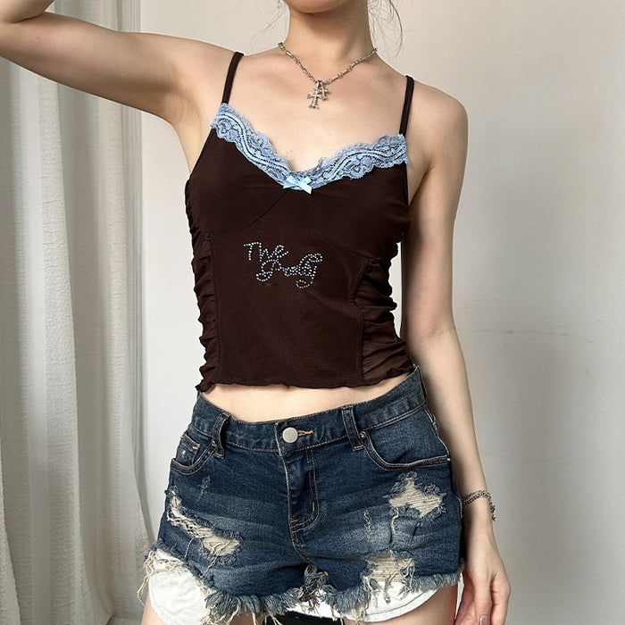 Color-Women Clothing Lace Patchwork Base Top Summer Sexy Sling Back Rhinestone Vest-Fancey Boutique