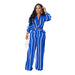 Color-Blue-Women Printed Striped Shirt Outfit Two-Piece Long Sleeve Loose Straight-Fancey Boutique