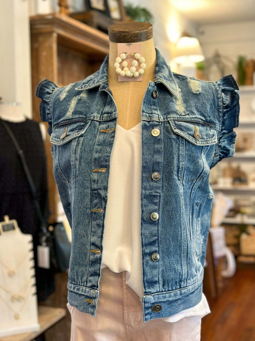 Color-Ladies Ripped Denim Collared Button Flying Sleeves Short Sleeve Jacket-Fancey Boutique