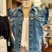 Color-Ladies Ripped Denim Collared Button Flying Sleeves Short Sleeve Jacket-Fancey Boutique