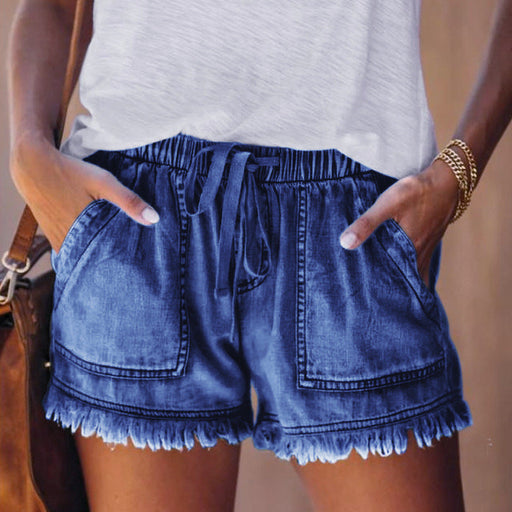 Color-Navy Blue-Summer New Elastic Waist Drawstring Casual High Waist Slimming Denim Shorts for Women-Fancey Boutique