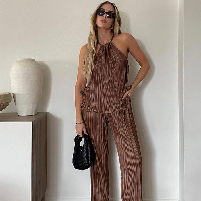 Color-Summer Women Clothing Casual Laid-Back Slimming Pleated Suspender Vest Loose Wide Leg Pants Suit-Fancey Boutique