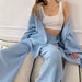 Color-Blue-Fall French Loose Nightgown Trousers Double Layer Gauze Women Pajamas Solid Color Cotton Absorbent Moisture Wicking Clothing-Fancey Boutique