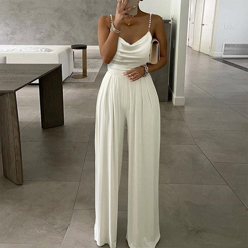 Color-Pearl Suspender Wide Leg Sleeveless V-neck Backless Trousers Jumpsuit-Fancey Boutique