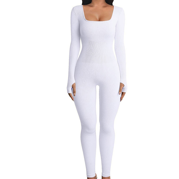 Color-White-Women Clothing Jumpsuit Autumn Winter Thread Square Collar Hip Raise Slim Fit Sexy Jumpsuit-Fancey Boutique