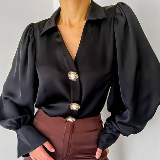 Color-Black-Autumn Special Interest Design Lantern Sleeve Casual Loose Satin Women Shirt-Fancey Boutique