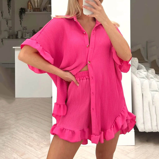 Color-Shorts Short Sleeved Shirt Two Piece Women Loose Pleated Wooden Ear Casual sets-Fancey Boutique