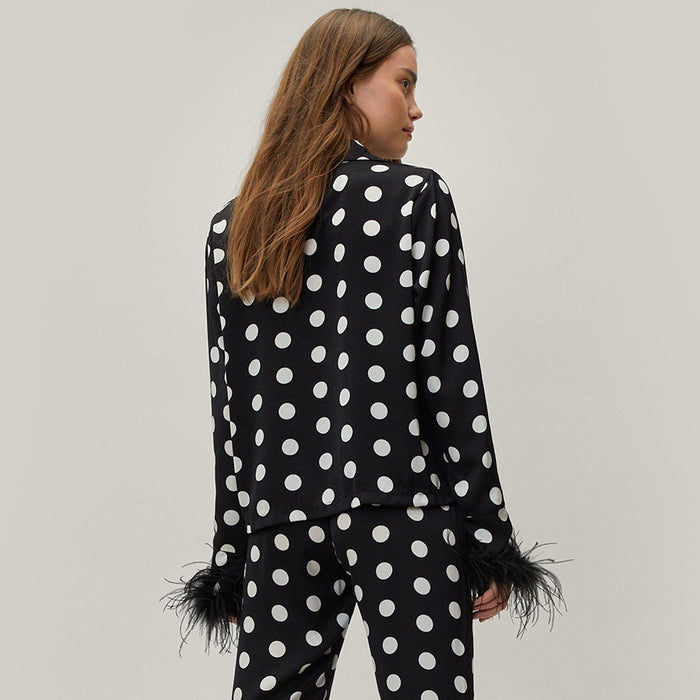 Color-Summer Feather French Comfortable Women Pajamas Ostrich Feather Printed Spot Black Home Wear Can Be Worn outside-Fancey Boutique
