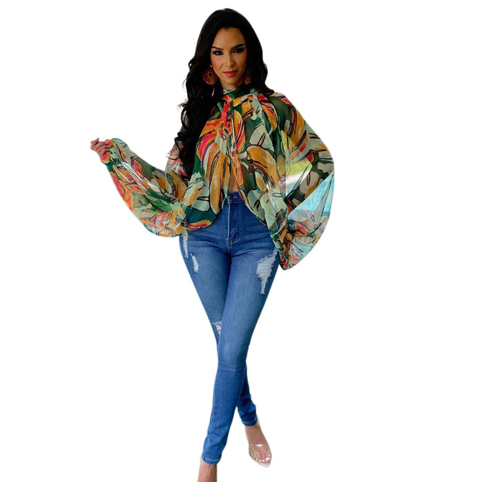 Color-Orange-Casual round Neck Loose Long Sleeves Top Digital Printed Women-Fancey Boutique