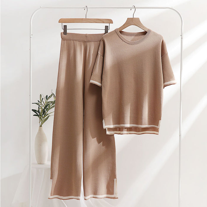Color-Khaki-Classic Ice Silk Knitting Suit Women Spring Summer Two Piece Set Short Sleeve Stitching Casual Slimming Fashionable-Fancey Boutique