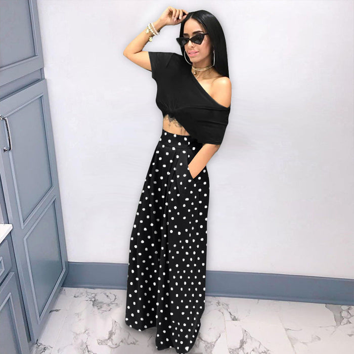 Color-Black Polka Dot-Personality Houndstooth Printed Flared Pants Wide Leg Casual Pants Autumn Winter Wide Leg Pants Plus Size-Fancey Boutique