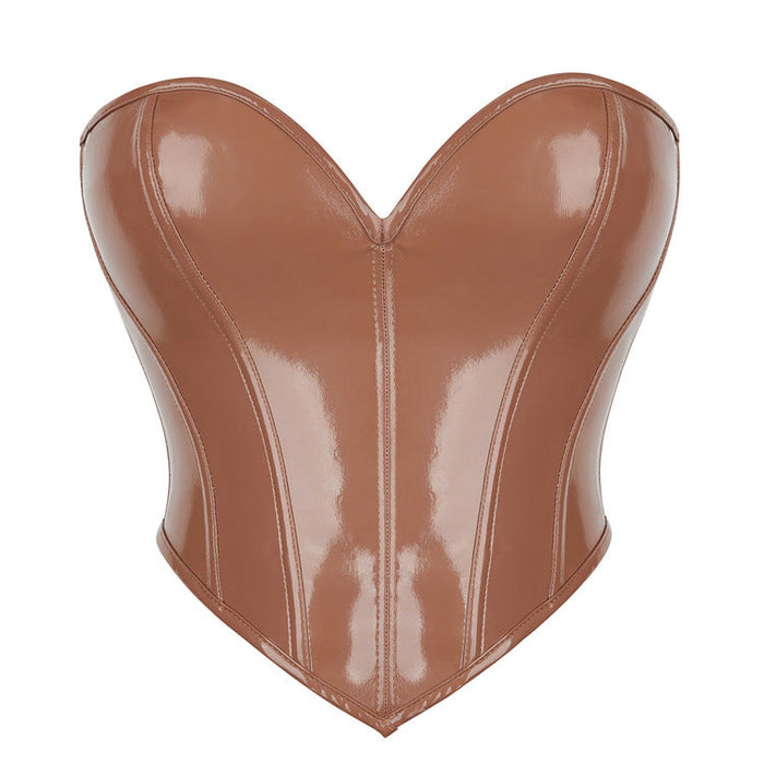 Color-Coffee-Leather Chest Support Sexy Bodybuilding Top-Fancey Boutique