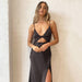 Color-Black-Suspenders V neck Dress Hollow Out Cutout High Slit Maxi Dress Sexy Inner Wear Women Clothing-Fancey Boutique