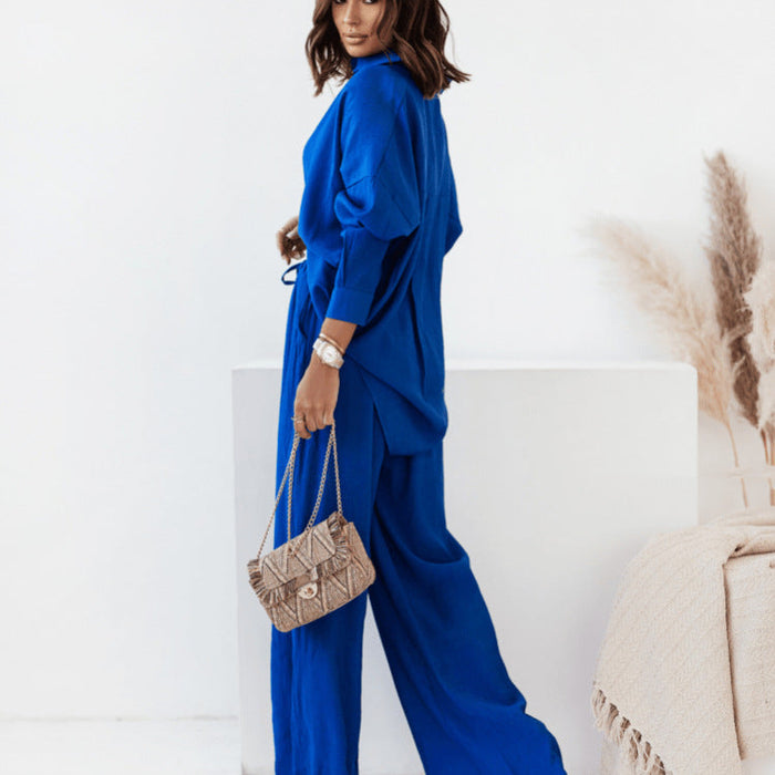 Color-Color Blue-Set Loose Fitting Solid Color Long Sleeves Shirt Casual Lace up Two Piece Set-Fancey Boutique