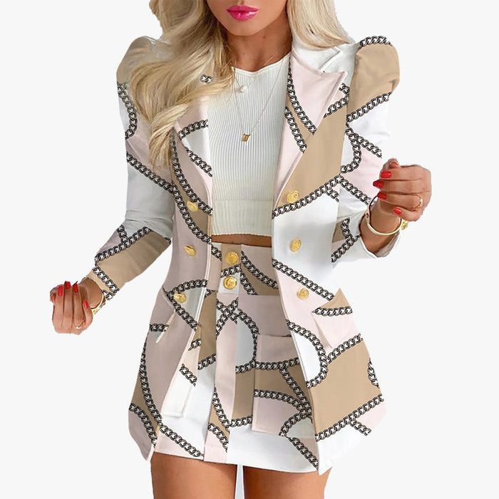 Color-White Chain Skirt-Autumn Winter Women Clothing Printing Princess Sleeves Office Slim Fit Short Skirt Set-Fancey Boutique