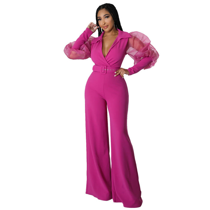 Color-Coral Red-V-neck Mesh Puff Sleeve Special Women Clothing Loose Flared Jumpsuit-Fancey Boutique