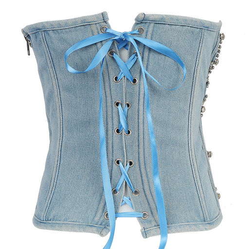 Color-Diamond Beaded Denim Tube Top Strapless Vest Lace up Shaping Slim Fit Performance Wear Zipper Top Women-Fancey Boutique