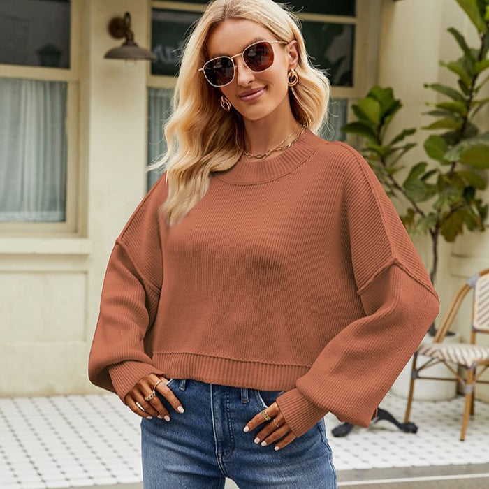Color-Women Clothing Autumn Winter Loose Cropped Pullover Sweater Long Sleeve round Neck Sweater-Fancey Boutique