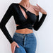 Color-Sexy Hollow Out Cutout Sexy Exposed Cropped Solid Color Cross Knotted Short Slim Long Sleeve Top Women-Fancey Boutique