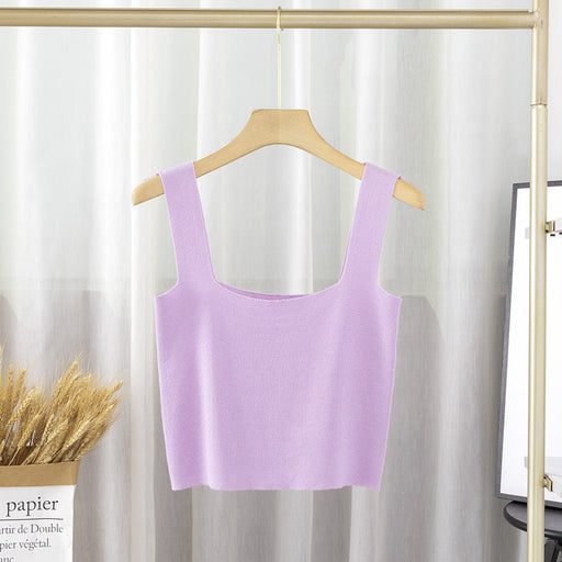 Color-Lavender-Square Collar Knitted Small Tank Top Vest Women Inner Bottoming Shirt Outer Wear Beauty Back Sleeveless Short Tube Top-Fancey Boutique