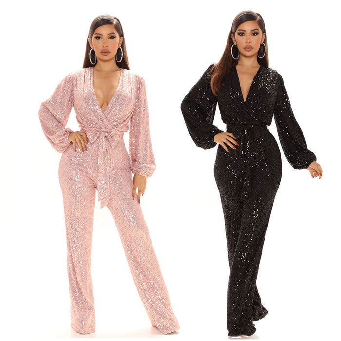 Color-Women Clothing Sexy V-neck Sequined One-Piece Wide Leg One-Piece Trousers-Fancey Boutique