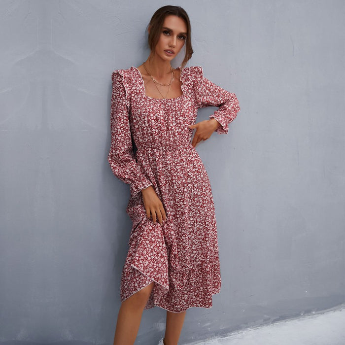 Color-Women Spring Clothing Long Sleeve Floral Square Collar Dress-Fancey Boutique