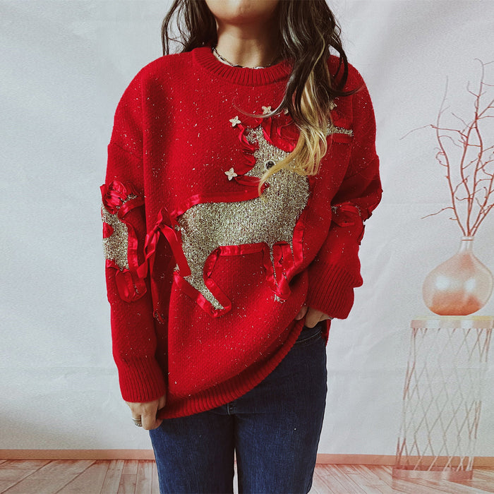 Color-Autumn Winter Christmas Sweater Ribbon Gold Thread Jacquard Deer Round Neck Thickened Knitted Pullover-Fancey Boutique