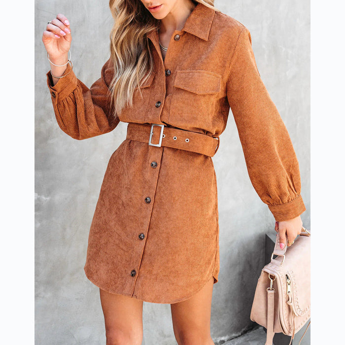 Color-Light Brown-Autumn Winter Waist Tight Street Trendy Corduroy Dress-Fancey Boutique
