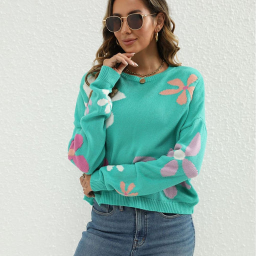 Color-Women Jacquard Contrast Color Floral Sweater O neck Short All Match Casual Pullover Sweater-Fancey Boutique