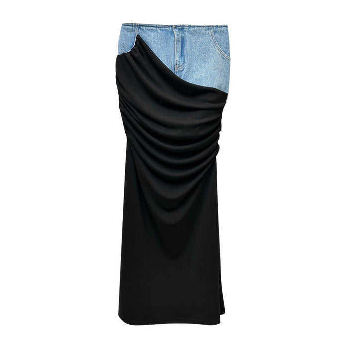 Color-Black-Modern Deconstruction High Waist Skirt Women Spring Black Color Pleats Stitching Design Long Denim Skirt-Fancey Boutique