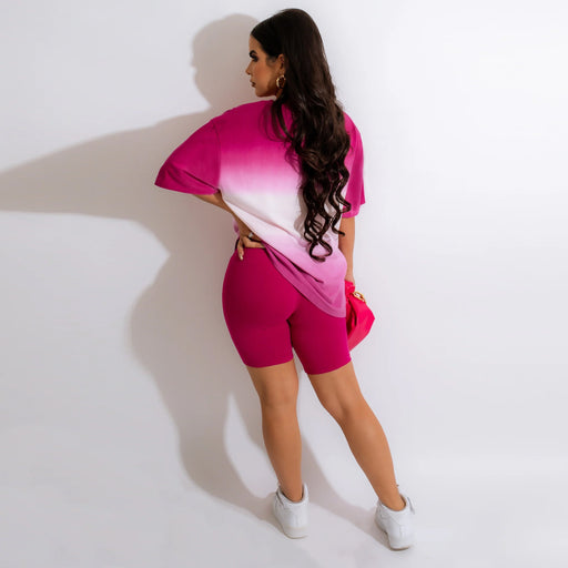 Color-Gradient Color Printed Short Sleeve Summer Suit Slim T shirt Shorts Two Piece Set Women-Fancey Boutique