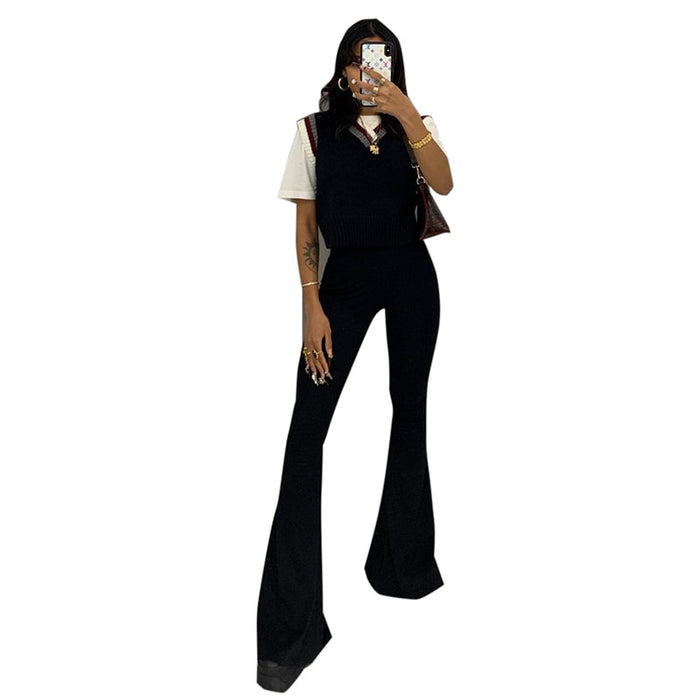 Color-Spring New Casual Solid Color High Waist Slim Fit Big Flared Trousers Women Clothing-Fancey Boutique