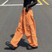 Color-Summer Orange Large Pocket Loose Cargo Straight-Leg Pants High Waist Slimming Drawstring Casual Woven Trouser-Fancey Boutique